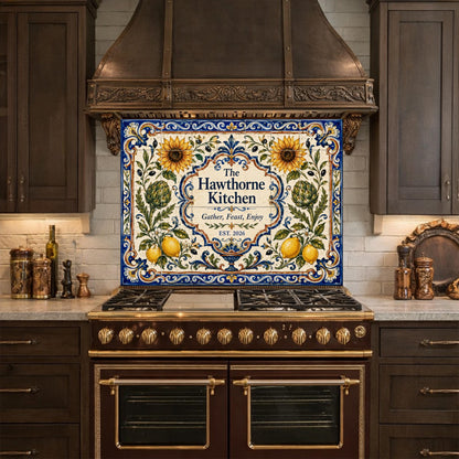 Personalized Mediterranean Tile Backsplash, Custom Family Kitchen Sign, Italian Ceramic Style Tempered Glass Backsplash