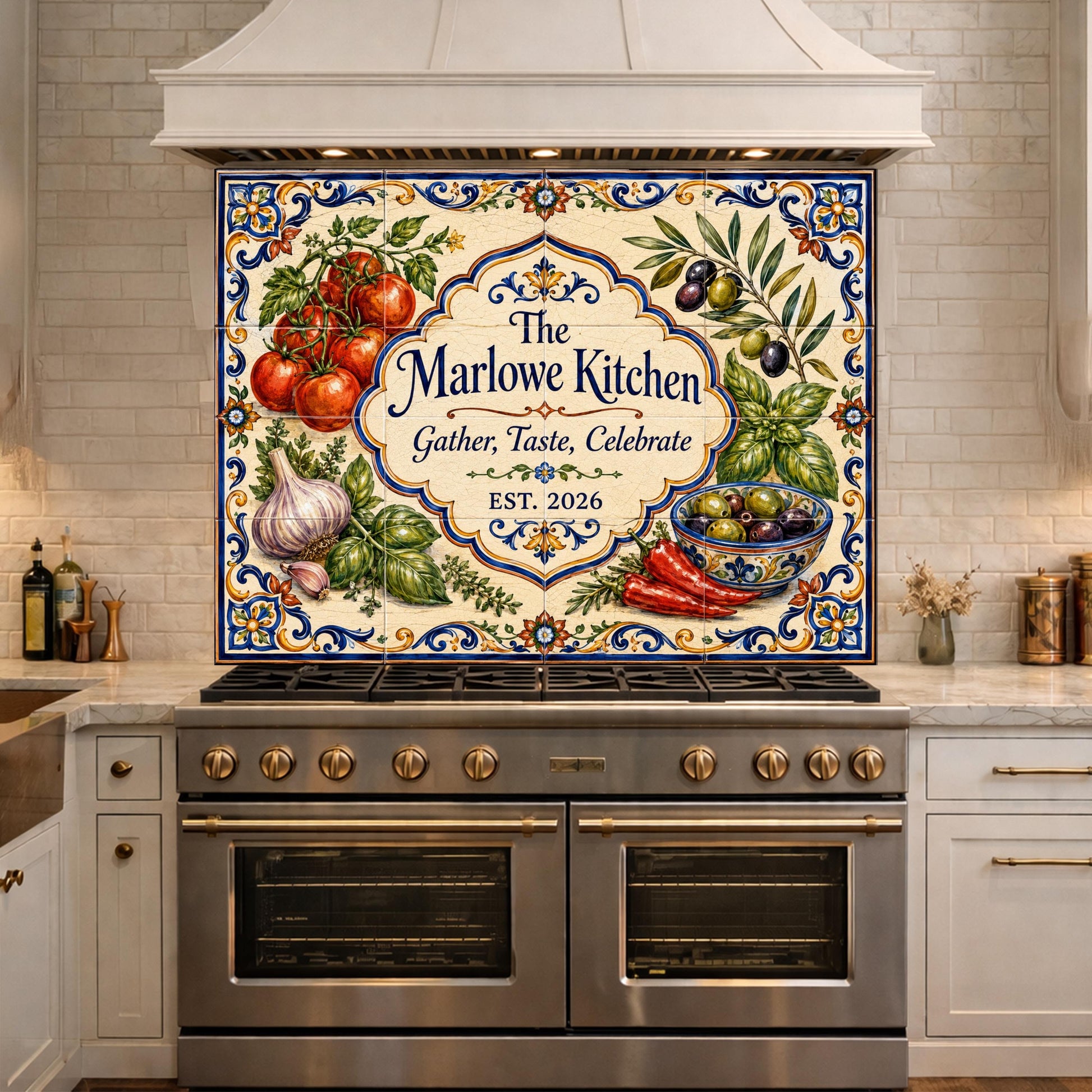 Personalized Mediterranean Tile Backsplash, Custom Family Kitchen Sign, Italian Ceramic Style Tempered Glass Backsplash