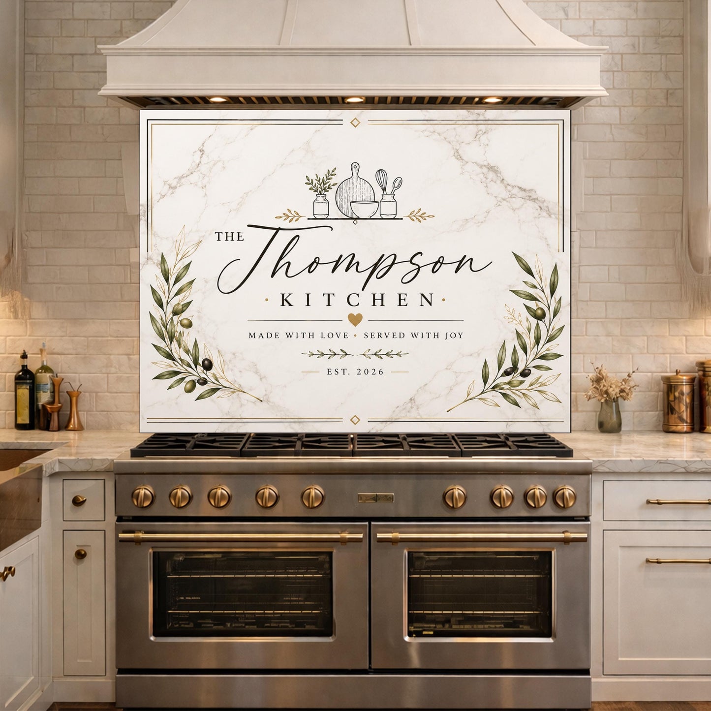 Personalized Botanical Kitchen Backsplash, Custom Family Name Glass Panel, Olive Branch Marble Style Kitchen Sign