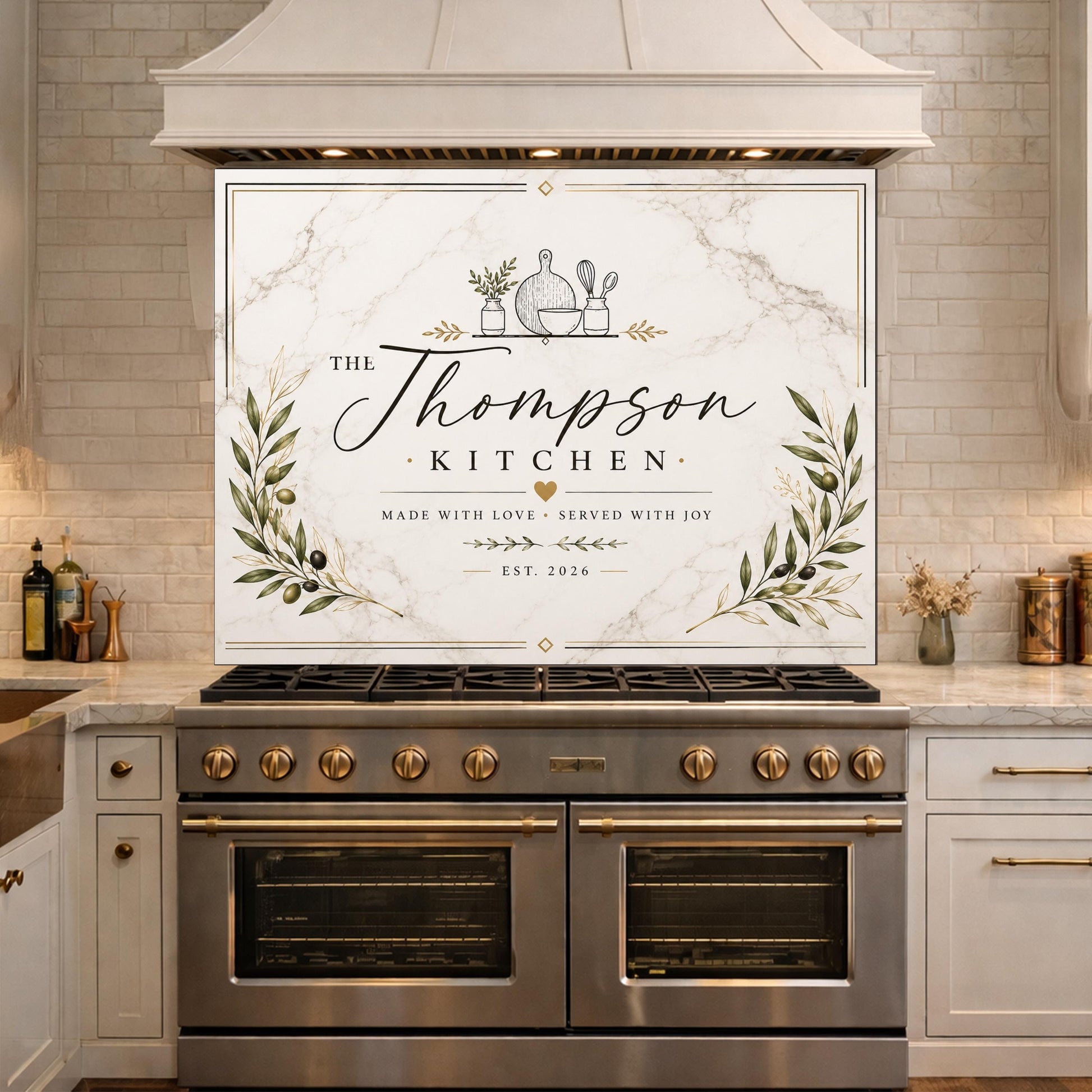 Personalized Botanical Kitchen Backsplash, Custom Family Name Glass Panel, Olive Branch Marble Style Kitchen Sign
