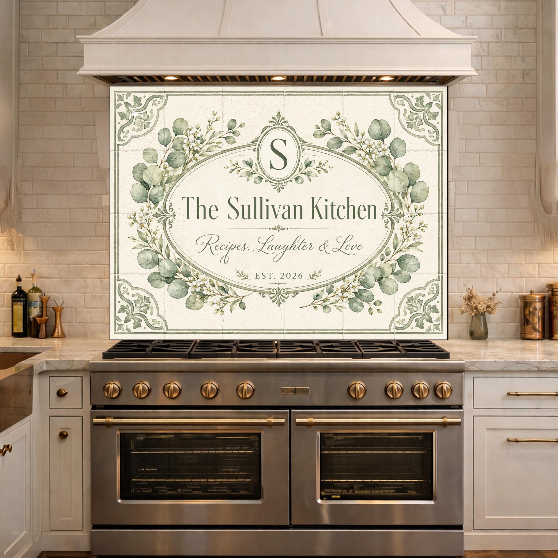 Personalized Botanical Kitchen Backsplash, Custom Family Name Glass Panel, Olive Branch Marble Style Kitchen Sign