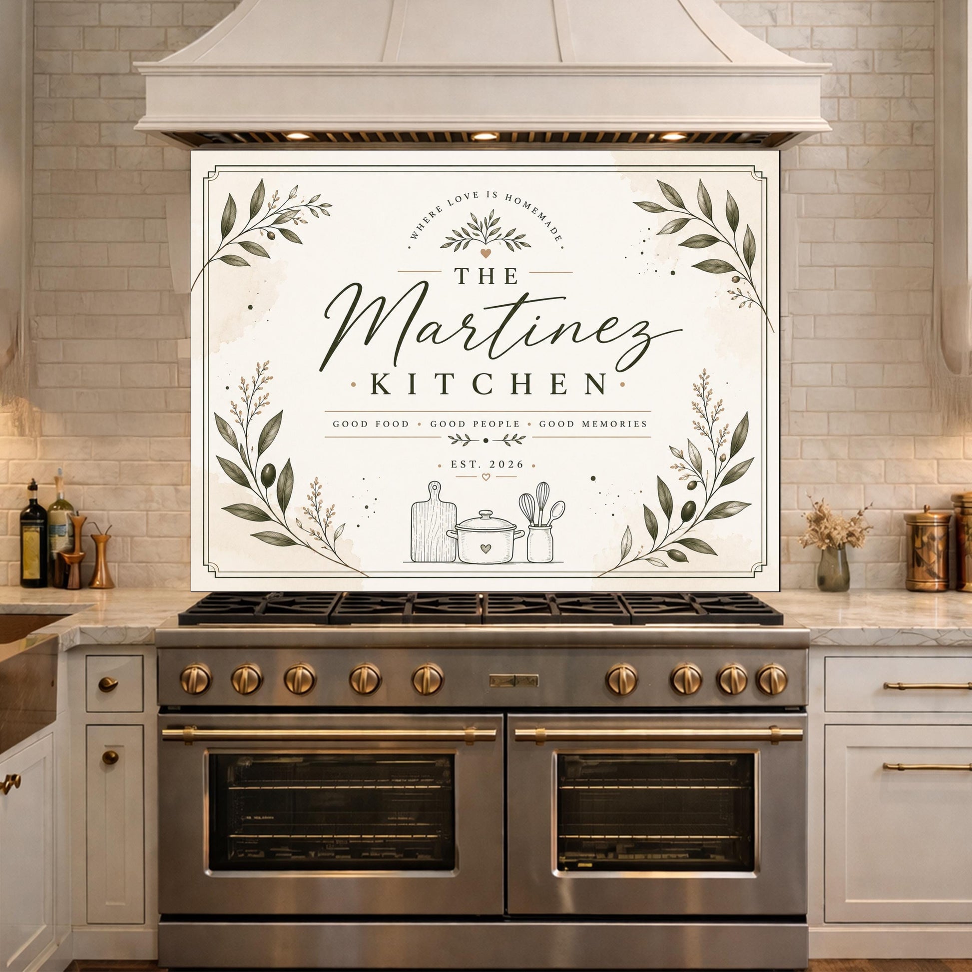 Personalized Botanical Kitchen Backsplash, Custom Family Name Glass Panel, Olive Branch Marble Style Kitchen Sign