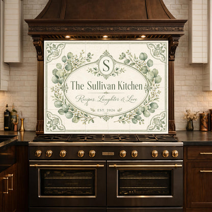Personalized Botanical Kitchen Backsplash, Custom Family Name Glass Panel, Olive Branch Marble Style Kitchen Sign