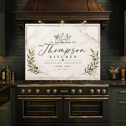 Personalized Botanical Kitchen Backsplash, Custom Family Name Glass Panel, Olive Branch Marble Style Kitchen Sign