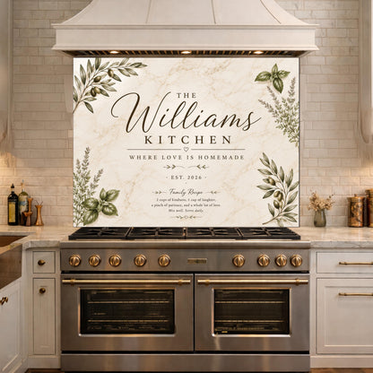 Personalized Botanical Kitchen Backsplash, Custom Family Name Glass Panel, Olive Branch Marble Style Kitchen Sign