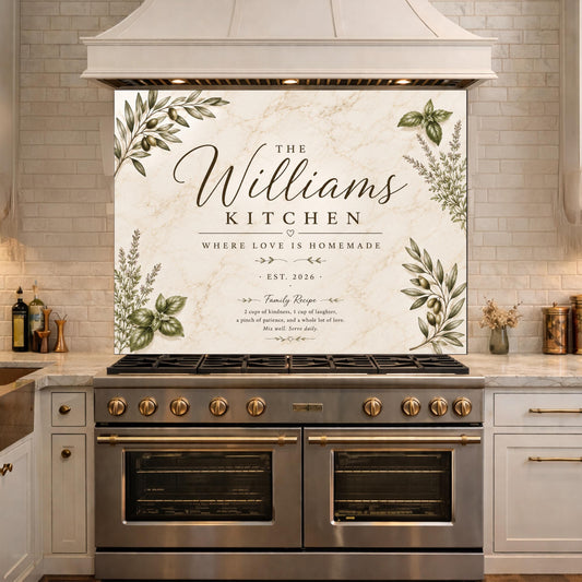 Personalized Botanical Kitchen Backsplash, Custom Family Name Glass Panel, Olive Branch Marble Style Kitchen Sign