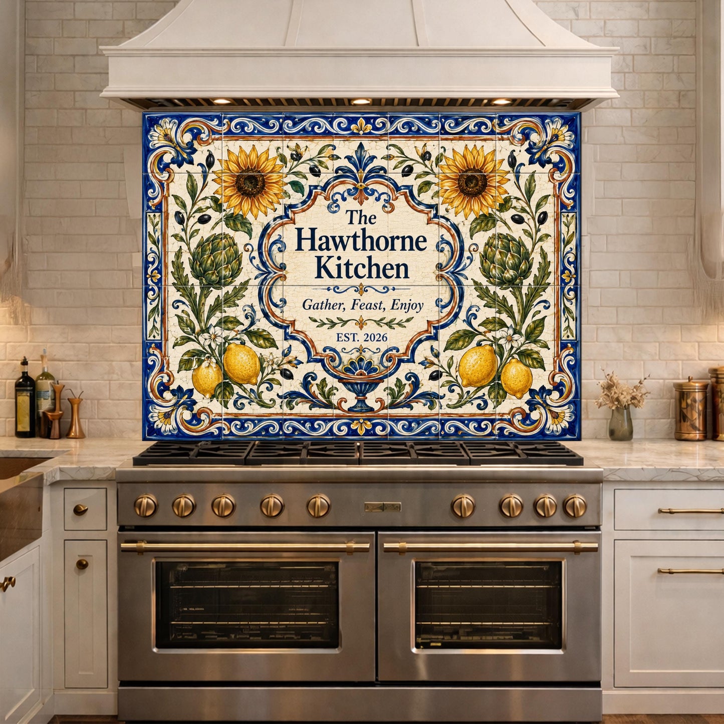 Personalized Mediterranean Tile Backsplash, Custom Family Kitchen Sign, Italian Ceramic Style Tempered Glass Backsplash