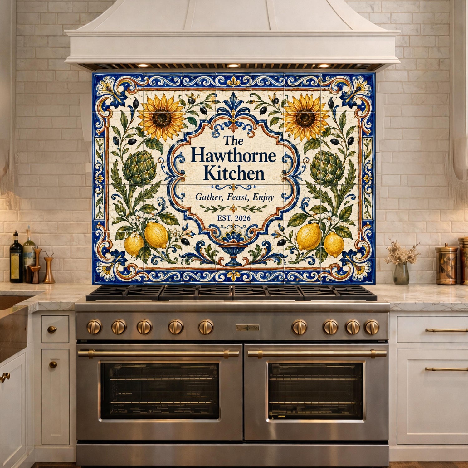Personalized Mediterranean Tile Backsplash, Custom Family Kitchen Sign, Italian Ceramic Style Tempered Glass Backsplash