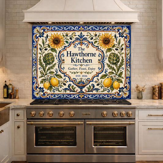 Personalized Mediterranean Tile Backsplash, Custom Family Kitchen Sign, Italian Ceramic Style Tempered Glass Backsplash