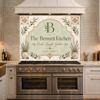 Personalized Farmhouse Kitchen Backsplash, Custom Family Name Glass Panel, Olive Branch Kitchen Sign Decor