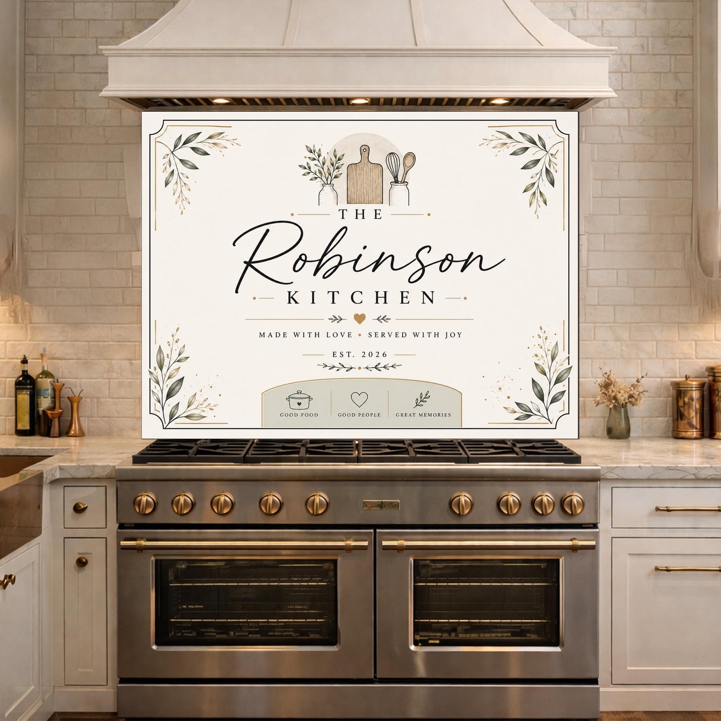 Personalized Farmhouse Kitchen Backsplash, Custom Family Name Glass Panel, Olive Branch Kitchen Sign Decor