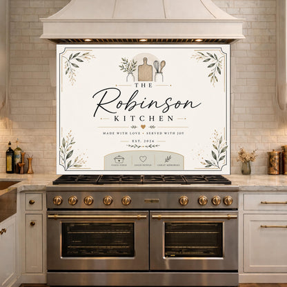 Personalized Farmhouse Kitchen Backsplash, Custom Family Name Glass Panel, Olive Branch Kitchen Sign Decor
