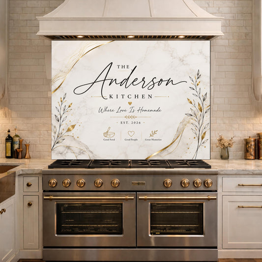 Personalized Farmhouse Kitchen Backsplash, Custom Family Name Glass Panel, Olive Branch Kitchen Sign Decor